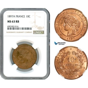 AK140, France, Third Republic, 10 Centimes 1897 A, Paris Mint, NGC MS63RB