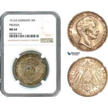 AK144, Germany, Prussia, William II, 3 Mark 1912 A, Berlin Mint, Silver, NGC MS64