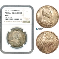 AK145, Germany, Prussia, Wilhelm II, 3 Mark 1913 A, Berlin Mint, Silver Jubilee, Silver, NGC MS63