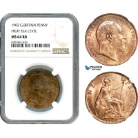 AK153, Great Britain, Edward VII, 1 Penny 1902, High Sea Level, London Mint, NGC MS64RB