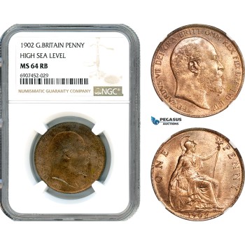 AK153, Great Britain, Edward VII, 1 Penny 1902, High Sea Level, London Mint, NGC MS64RB