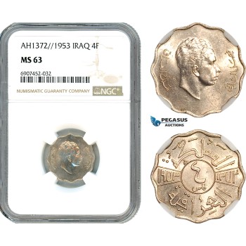 AK156, Iraq, Faisal II, 4 Fils AH1372//1953, London Mint, NGC MS63