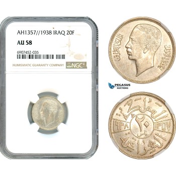 AK158, Iraq, Ghazi I, 20 Fils AH1357//1938, London Mint, Silver, NGC AU58