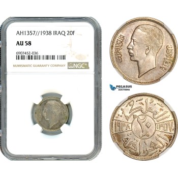 AK159, Iraq, Ghazi I, 20 Fils AH1357//1938, London Mint, Silver, NGC AU58