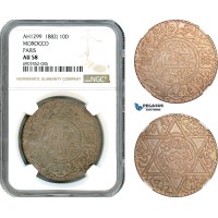 AK164, Morocco, Moulay al-­Hasan I, 10 Dirhams AH1299 (1882) Paris Mint, Silver, NGC AU58