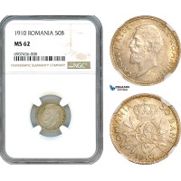 AK172, Romania, Carol I, 50 Bani 1912, Silver, NGC MS62