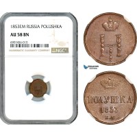 AK173, Russia, Nicholas I, 1 Polushka 1853 EM, Ekaterinburg Mint, NGC AU58BN