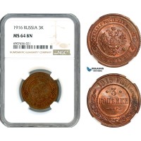 AK180, Russia, Nicholas II, 3 Kopeks 1916, St. Petersburg Mint, NGC MS64BN