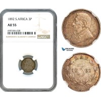 AK181, South Africa (ZAR) Threepence (3 Pence) 1892, Silver, NGC AU55