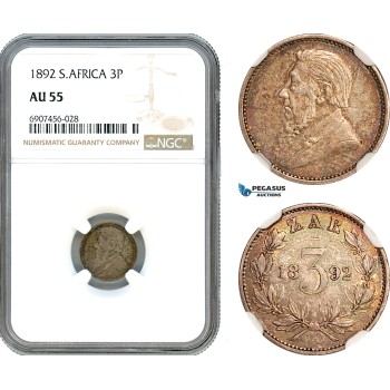 AK181, South Africa (ZAR) Threepence (3 Pence) 1892, Silver, NGC AU55