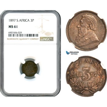 AK182, South Africa (ZAR) Threepence (3 Pence) 1897, Silver, NGC MS61