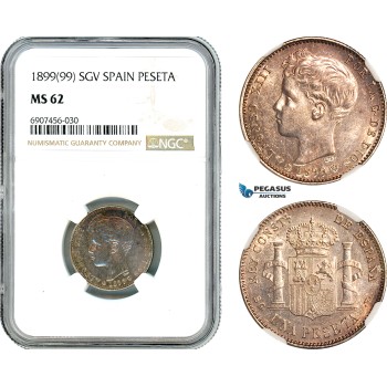 AK183, Spain, Alfonso XIII, 1 Peseta 1899 (99) SGV, Madrid Mint, Silver, NGC MS62