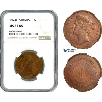 AK185, Straits Settlements, Victoria, 1 Cent 1874 H, Heaton Mint, NGC MS61BN