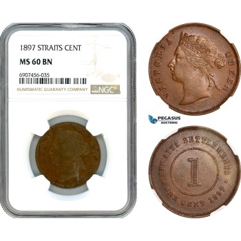 AK186, Straits Settlements, Victoria, 1 Cent 1897, London Mint, NGC MS60BN