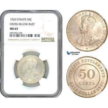 AK188, Straits Settlements, George V, 50 Cents 1920, Cross below bust, Silver, NGC MS63