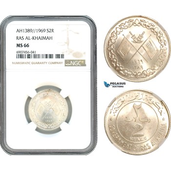 AK189, United Arab Emirates, Ras Al-Khaimah, 2 Riyals AH1389//1969, Silver, NGC MS66