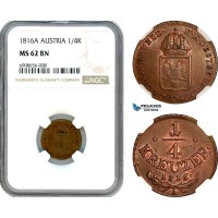 AK195, Austria, Franz II, 1/4 Kreuzer 1816 A, Vienna Mint, NGC MS62BN