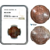 AK197, Austria, Franz II, 1 Kreuzer 1816 S, Smolnik Mint, NGC MS64BN, Top Pop!