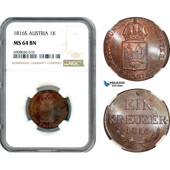 AK197, Austria, Franz II, 1 Kreuzer 1816 S, Smolnik Mint, NGC MS64BN, Top Pop!