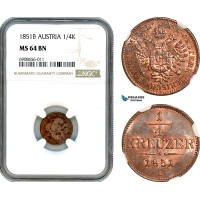 AK198, Austria, Franz Joseph, 1/4 Kreuzer 1851 B, Kremnitz Mint, NGC MS64BN