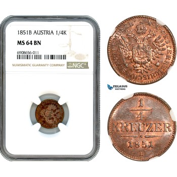 AK198, Austria, Franz Joseph, 1/4 Kreuzer 1851 B, Kremnitz Mint, NGC MS64BN