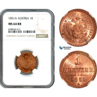 AK199, Austria, Franz Joseph, 1 Kreuzer 1851 A, Vienna Mint, NGC MS64RB