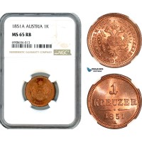 AK200, Austria, Franz Joseph, 1 Kreuzer 1851 A, Vienna Mint, NGC MS65RB, Top Pop!