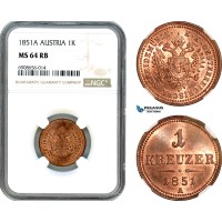 AK201, Austria, Franz Joseph, 1 Kreuzer 1851 A, Vienna Mint, NGC MS64RB