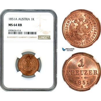 AK201, Austria, Franz Joseph, 1 Kreuzer 1851 A, Vienna Mint, NGC MS64RB