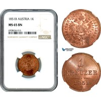 AK202, Austria, Franz Joseph, 1 Kreuzer 1851 B, Kremnitz Mint, NGC MS65BN, Top Pop, Single Finest!