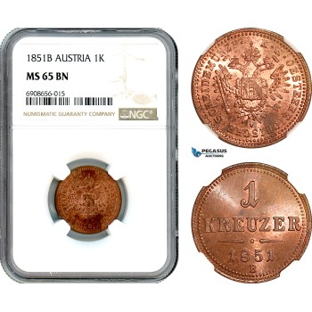 AK202, Austria, Franz Joseph, 1 Kreuzer 1851 B, Kremnitz Mint, NGC MS65BN, Top Pop, Single Finest!