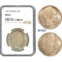 AK206, France, Third Republic, 20 Francs 1937, Paris Mint, Silver, NGC MS64