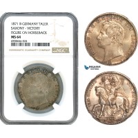 AK207, Germany, Saxony, Johann I, Taler 1871 B, Dresden Mint, Victory Figure on Horseback, Silver, NGC MS64