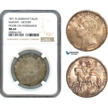 AK207, Germany, Saxony, Johann I, Taler 1871 B, Dresden Mint, Victory Figure on Horseback, Silver, NGC MS64