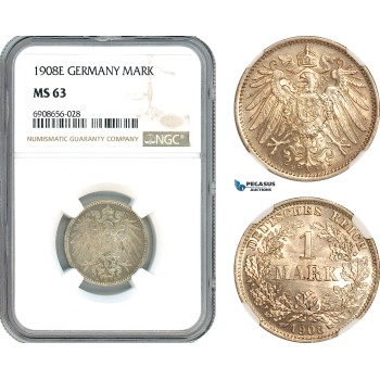 AK211, Germany, William II, 1 Mark 1908 E, Muldenhutten Mint, Silver, NGC MS63