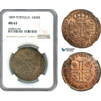 AK218, Portugal, Joao, 400 Reis 1809, Lisbon Mint, Silver, NGC MS63