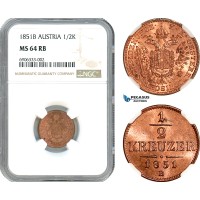 AK220, Austria, Franz Joseph, 1/2 Kreuzer 1851 B, Kremnitz Mint, NGC MS64RB