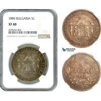 AK221, Bulgaria, Alexander I, 5 Leva 1885, St. Petersburg Mint, Silver, NGC XF40