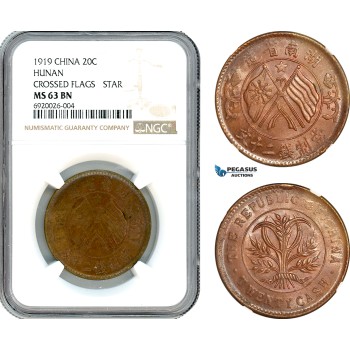 AK223, China, Hunan, 20 Cash 1919, Crossed Flags, Star, NGC MS63BN