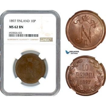 AK235, Finland, Nicholas II. of Russia, 10 Pennia 1897, Helsinki Mint, NGC MS62BN