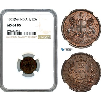 AK251, India, East India Company, 1/12 Anna 1835 M, Madras Mint, NGC MS64BN