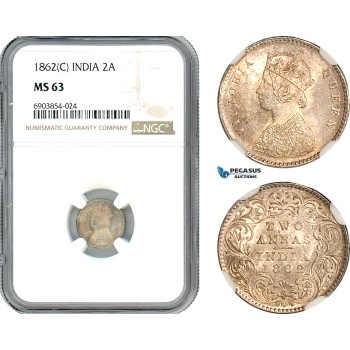 AK253, India (British) Victoria, 2 Annas 1862 C, Calcutta Mint, Silver, NGC MS63