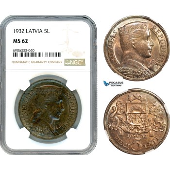 AK254, Latvia, 5 Lati 1932, Silver, NGC MS62