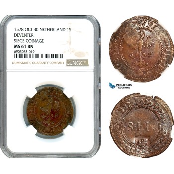 AK255, Netherlands, Deventer, 2 Stuiver 1578, Oct 30, Siege Coinage, NGC MS61BN