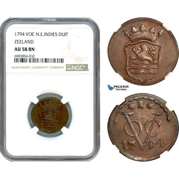 AK257, Netherlands East Indies, VOC, 1 Duit 1794, Zeeland Arms, NGC AU58BN