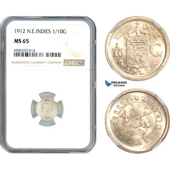 AK258, Netherlands East Indies, Wilhelmina, 1/10 Gulden 1912, Utrecht Mint, Silver, NGC MS65