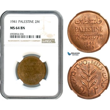 AK259, Palestine, 2 Mils 1941, London Mint, NGC MS64BN