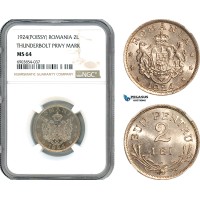 AK262, Romania, Ferdinand, 2 Lei 1924 (Thunderbolt) Poissy Mint, NGC MS64