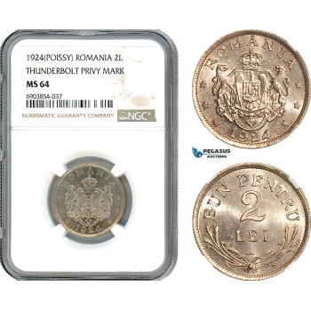 AK262, Romania, Ferdinand, 2 Lei 1924 (Thunderbolt) Poissy Mint, NGC MS64