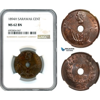 AK276, Sarawak, C. Brooke Rajah, 1 Cent 1894 H, Heaton Mint, NGC MS62BN